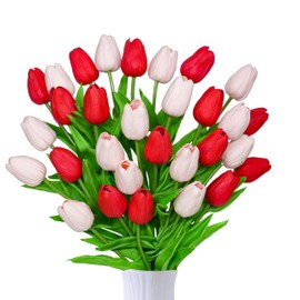 JIFTOK 30pcs Tulips Artificial Flowers Fake Flowers for Decoration, Faux Flowers Tulips Real Touch Arrangement Bouquet for Wedding Home Office Party, Faux Flowers Bulk Gift for Mothers Day-Red&Pink