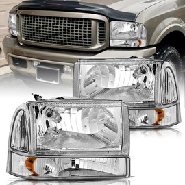 Aosky Headlight Assembly 4Pcs Set Compatible with 1999-2004 F250 F350 F450 F550 Super Duty / 00 01 02 03 04 Excursion Driver & Passenger Side, Chrome Housing with Amber Reflector