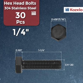 Kozelo 30 Pcs Hex Head Screws Bolts - [1/4"-20x1-1/4] 304 Stainless Grade A2-70 Steel Fully Threaded Hex Tap Hexagon Head Screw Machine Bolt Right Hand External Hex Drive, Black