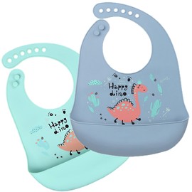 Eimmabey Silicone Bibs for Babies and Toddlers 2 Sets Feeding Bibs for Boy and Girl, Adjustable Soft Waterproof Bibs with Food Catcher Dinosaur
