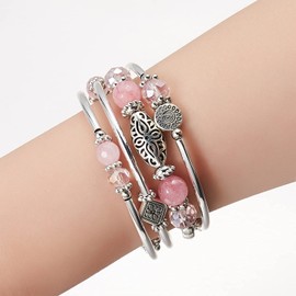 FULU AUTUMN Stackable Beaded Bracelets for Women Boho Wrap Silver Bracelet Layered Fashion Jewelry Gifts for Her(Pink)