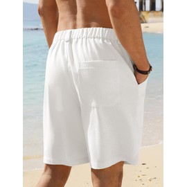 JEMLDL Men's Shorts Casual 7" Cotton Linen Button Elastic Waist Summer Beach Vacation Shorts with Multi-Pocket US 40 XX-Large White