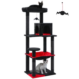 PEQULTI Cat Tree for Large Cats with Metal Frame Big Hammock, Cat Tower for Indoor Cats with 2 Door Condo House, [56.3"=143cm] Multi-Level Cat Shelves with Scratching Posts and Top Perch, Black