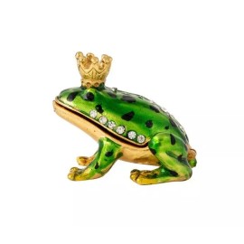 Globe Frog Prince Trinket Box Bejeweled Rhinestone Enamel Metal Magnetic Closure