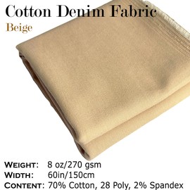 Generic Beige Denim Fabric, 1 Yard, 8 oz, Stretch, Cotton Blend, Solid, Machine Wash, Perfect for Clothing, Home Decor & Crafts