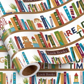 RUSPEPA Bookshelf Wrapping Paper Roll, Mini Roll, Colorful Books with Reading Time Design Gift Wrap Paper Perfect for Book Lover, Teacher, Bookworm, Librarian, 17 Inches x 16.4 Feet