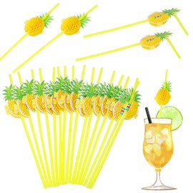 Hawaiian Party Straws 25Pcs 9.45 Inch Assorted Color Mini Paper Umbrella Drinks Juice Cocktail Milkshake Plastic Straws for Summer Pool Beach Party Tropical Luau Decorations (Yellow Pineapple)