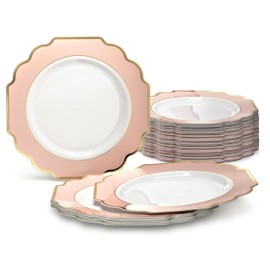 " OCCASIONS " 60 Plates Pack, Heavyweight Disposable Wedding Party Plastic Plates (10.5'' Dinner Plate, Imperial Blush & Gold)