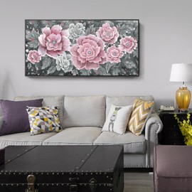 Oversized Framed Wall Art, Pink Flower Canvas Print Modern Pink & Grey Peony Blossom Artwork Extra Large Wall Picture Floral Decor for Living Room Bedroom Dining Room Office Home Décor