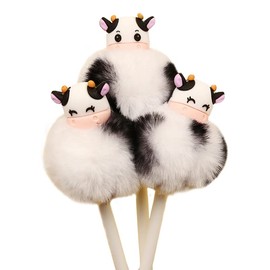 NICEYST 4Pcs Creative Cute Cow Roller Ball Pen Plush Animal Design Retractable 0.5mm Black Gel Ink Pens for Kids School Home Office Stationery