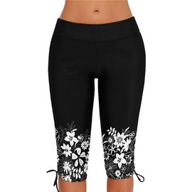 Urchics Womens Plus Size Rash Guard Capris High Waist Swimwear Bottoms Long Swim Shorts Tankini Bottom Swim Lengging, Z-white Small Flowers, XX-Large