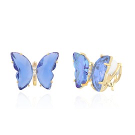 QUKE Butterfly Shape Blue Crystal Clip On Earrings Gold Non Pierced Ears for Women Girls