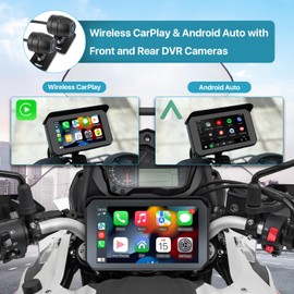 Motorcycle DVR: Wireless Apple Carplay, Android Auto, Dual HD 1080P Cameras, GPS, G-Sensor, Siri & Google Voice, 5-Inch IPS Touch Screen, WiFi, Bluetooth, TF Card, Waterproof TTXSCAM MT01-B