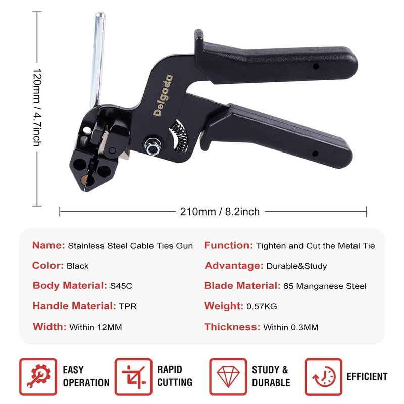 Delgada Metal Cable Tie Gun, Heavy Duty Stainless Steel Zip