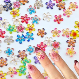 50Pcs Flower Nail Charms Resin Flowers Flat Back Nail Designs Mixed 3D Colorful Gradient Flower Nails Rhinestones Bronzing Gold Flowers Nails Gems Jewelry for Women Summer DIY Manicure Art Supplies