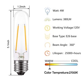 ASOKO T10 LED Bulbs Warm White 4W, Dimmable Edison Bulb 40 watts 2700K, E26 Medium Base LED Tubular Light Bulbs for Desk Lamp, Pendant Lights, Home Appliance(6-Pack)