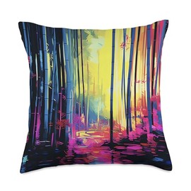 Digital Glitchy Bamboo Fusion Bamboo's Glitchy Evolution Nature's Harmony in Digital Chaos Throw Pillow, 18x18, Multicolor