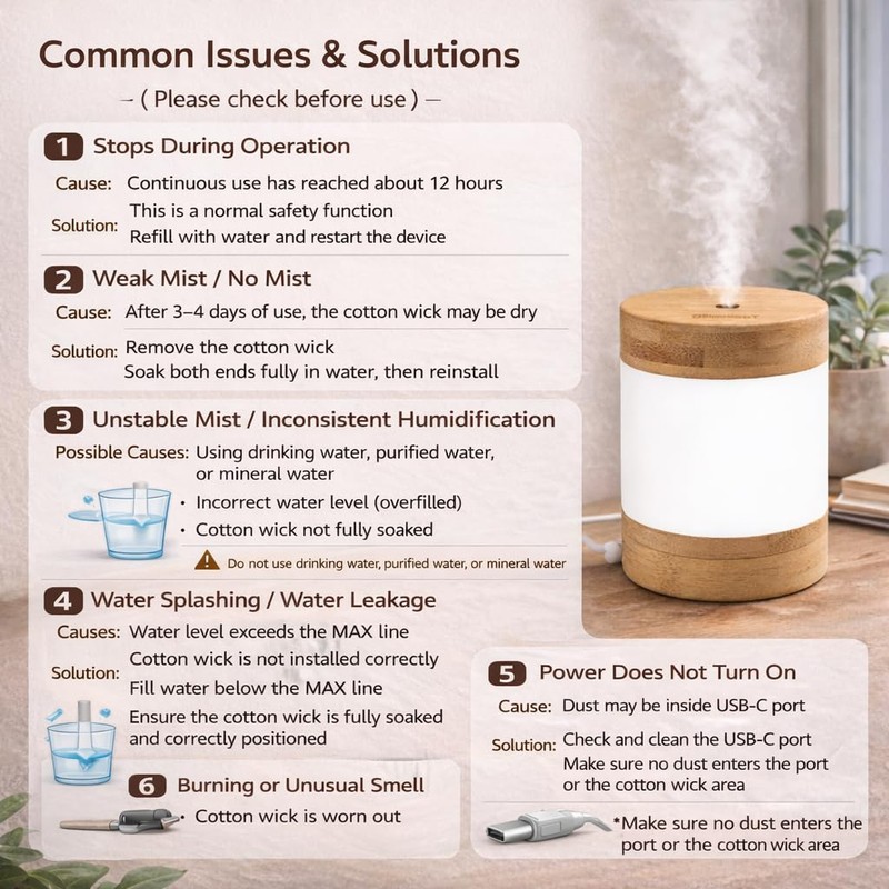 Bamboo Ultrasonic Mini Humidifier, 400ml Quiet Desktop Humidifier with Dual