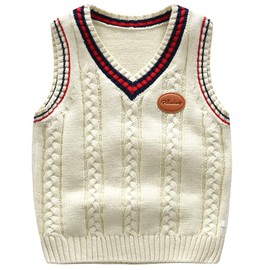 Achiyi Boys Sweater Vest Cable Knit V-Neck Knitted Uniform Toddler Kids Girls Clothes Dress Vests Beige 120 4-5T