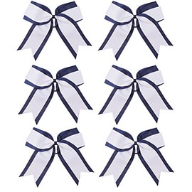 8 Inch 2 Colors 2 Layers 6 Pcs Jumbo Cheerleader Bows Ponytail Holder Cheerleading Bows Hair Elastic Hair Tie for High School College Cheerleading (Navy blue/White)