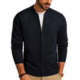 Mens Classic 2-Way Zip Cardingan Sweater Stand Collar Baseball Jacket Dark Blue, M