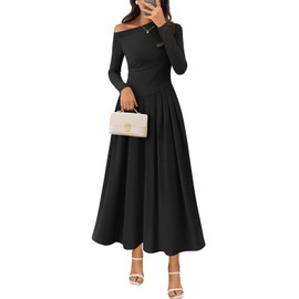 MEROKEETY Women's Fall Long Sleeve Midi Maxi Dresses 2025 One Shoulder Elegant Formal Pleated Cocktail A Line Dress, Black, Large