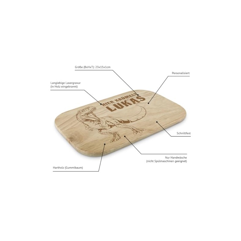 Personalisiertes Frühstücksbrettchen "Dinosaurier" Motiv, Ihr Text mit Laser in Gummibaum