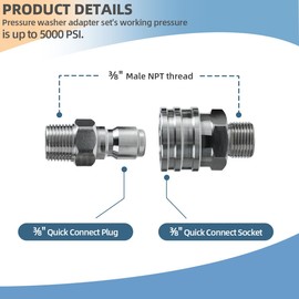3/8’’ Quick Connect Male Thread Fitting, 5000PSI Pressure Washer Adapter Set for Pressure Washer Hose, Water Pumps, Ball Valves, Guns, Telescoping Wands or Surface Cleaners Quick Connection