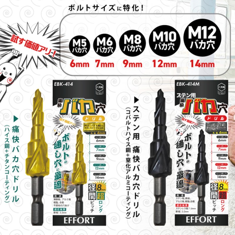 ステン用 痛快！バカ穴ドリル EBK-414M ボルト通し穴に特化したドリル ステン板、鉄板、アルミ板、樹脂、合板の穴あけに