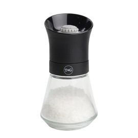 T&G CrushGrind Tip Top Salt Mill with Glass Base, 12.5 cm, Black / Gourmet Fully Adjustable Ceramic Manual Grinder / Shaker / Coarse & Fine / Easy Fill