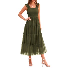 PRETTYGARDEN Women's 2025 Summer Midi Dress Casual Sleeveless Smocked Ruffle Tulle Flowy Beach Sundress (Army Green,Small)