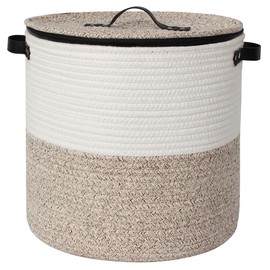 WILLITAT Storage Basket with Lid, 15"x13" Round Woven Blanket Storage for Living Room, Decorative Cotton Rope Hamper with Zipper Top, Wicker Basket with Lid, Floor Covered Kids Dog Toy Bin