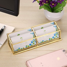 Hipiwe 4 Slots Glass Business Card Holder Stand - Vintage Gold Metal Name Card Display Stand Office Desktop Countertop Business Card Organizer