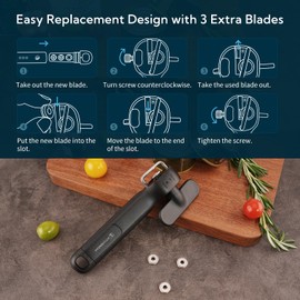 KITCHENDAO Replaceable Can Opener with 3 Extra Blades, Smooth Edge Manual Side Cut, Safe Cut Can Opener, No Sharp Edges Handheld Tin Opener with Super Sharp Replaceable Blade, Black