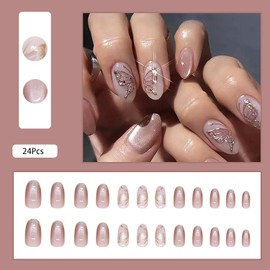 24Pcs Medium Press on Nails Almond, GRITOSE Glitter Fake Nails with Butterfly Pattern Design Artificial False Nail Handmade Nails Press ons Holiday Glue on Nail Full Cover Stick on Nails for Women