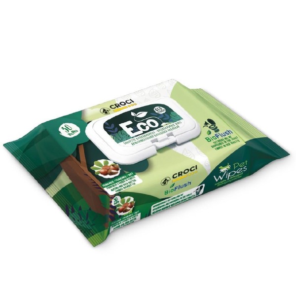 Croci - Ecological Wet Wipes for Dogs and Cats, Biodegradable, Thrown in the Toilet, Almond and Shea Butter - 30Pcs