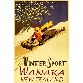 WANAKA New Zealand Winter Sport Family Fun Sledding Down Snow Hills Toboggan Bobsled 16" X 24" Image Size Vintage Poster REPRO ON Canvas WE Have Other Sizes