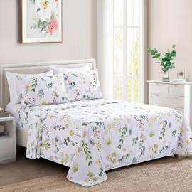 Marina Decoration Ultra Soft Silky Deep Pocket Rich Printed Bedding Rayon Derived from Bamboo All Season 4 Pieces Sheet Set with 2 Pillowcases, Colorful Floral Forest Pattern Twin/Single Size