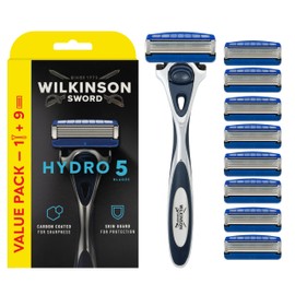 Wilkinson Sword Wilkinson Sword Hydro 5 Mens Razor, Great Addition to Wash Bags for Men's Grooming, Great Shavers for Routine Shaving, 1 Reusable Handle plus 9 Blades Refills Pack