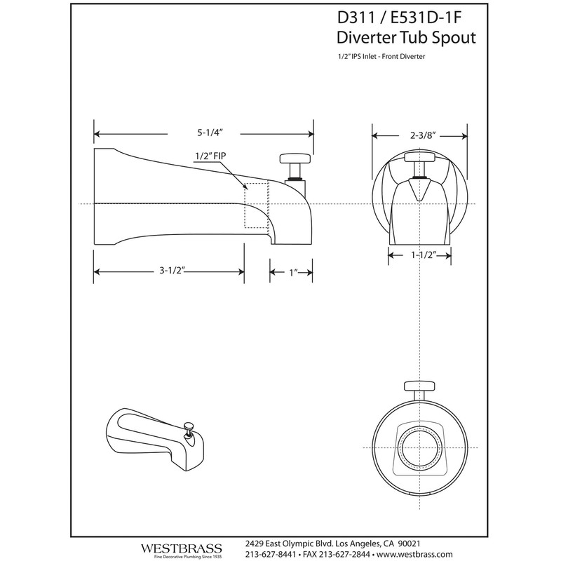 Westbrass Nose Diverter 5-1/2" Brass Tub Spout, Polished Brass, D311-01