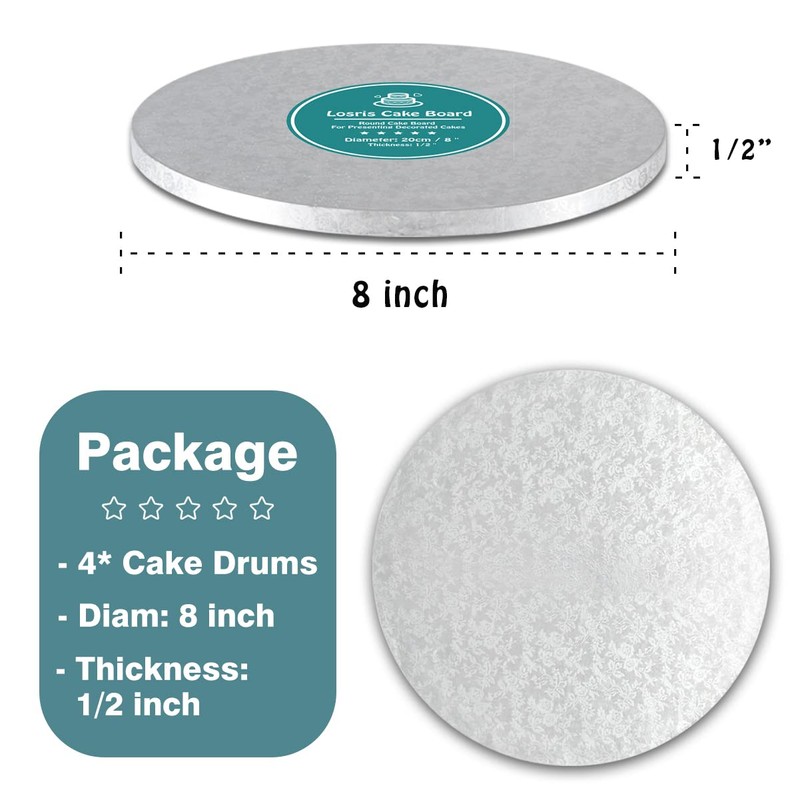 Silver Cake Drum Round 8 Inch Cake Boards with 1/2-Inch