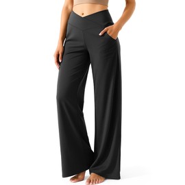 Yogaration Wide Leg Yoga Pants for Women, Crossover High Waisted Lounge Pants with Pockets, Loose Straight Leg Casual Pants for Yoga, Dance, Work, Travel 29''(Black, XX-Large)