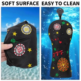 Golf Headcover 777 Playing Cards Golf Cover PU Headcover Set Fits Driver Fairway Hybrid Woods Iron Wedge Headcovers (Black-Hybrid)