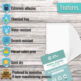 Printable Vinyl Sticker Papers Matte for Inkjet & Laser Printer 24 Sheets White, Decal Paper Tear & Scratch Resistant Quick Ink Dry, Sticker Papers for Making Labels & Crafts