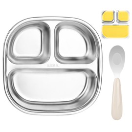 RUCUDIM Baby Plate with Suction Cup, Stainless Steel Suction Cup Plate, Stainless Steel Material Children's Plate, Children's Plate with Suction Cup, Dinner Trays with Spoon, Safe, Durable and