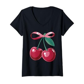 Womens Cute Cherries | Cherry Bow | Cherry Fashion V-Neck T-Shirt