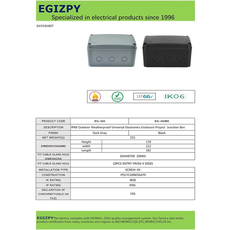 EGIZPY EG-043 IP66 Outdoor Weatherproof Universal Electronics Enclosure Project Black