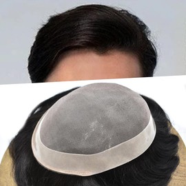 Toupee for Men Human Hair System Replacement Fine Mono Hairpiece Durable Poly Skin NPU Around Monofilament Mens Wig 120% Medium Light to Medium Density (7"X10", #1 Jet Black)