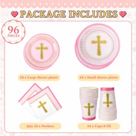 FillTouch 24 Set Baptism Plates and Napkins Baptism Party Supplies First Communion Plate Napkins and Cups Baptism Decorations Tableware for Christening Confirmation Baby Shower for 24 Guests (Pink)