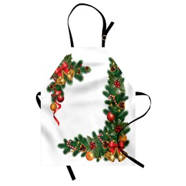 Ambesonne Christmas Apron, Noel Themed Illustration Fir Tree Ornaments Classical New Year Concept Print, Unisex Kitchen Bib with Adjustable Neck for Cooking Gardening, Adult Size, Forest Green